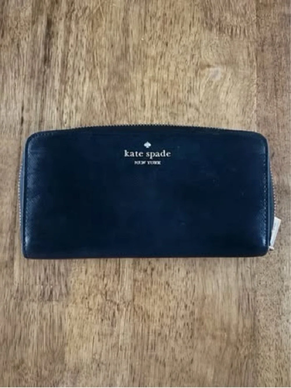 kate spade Black Leather Zip Wallet with Gold Logo